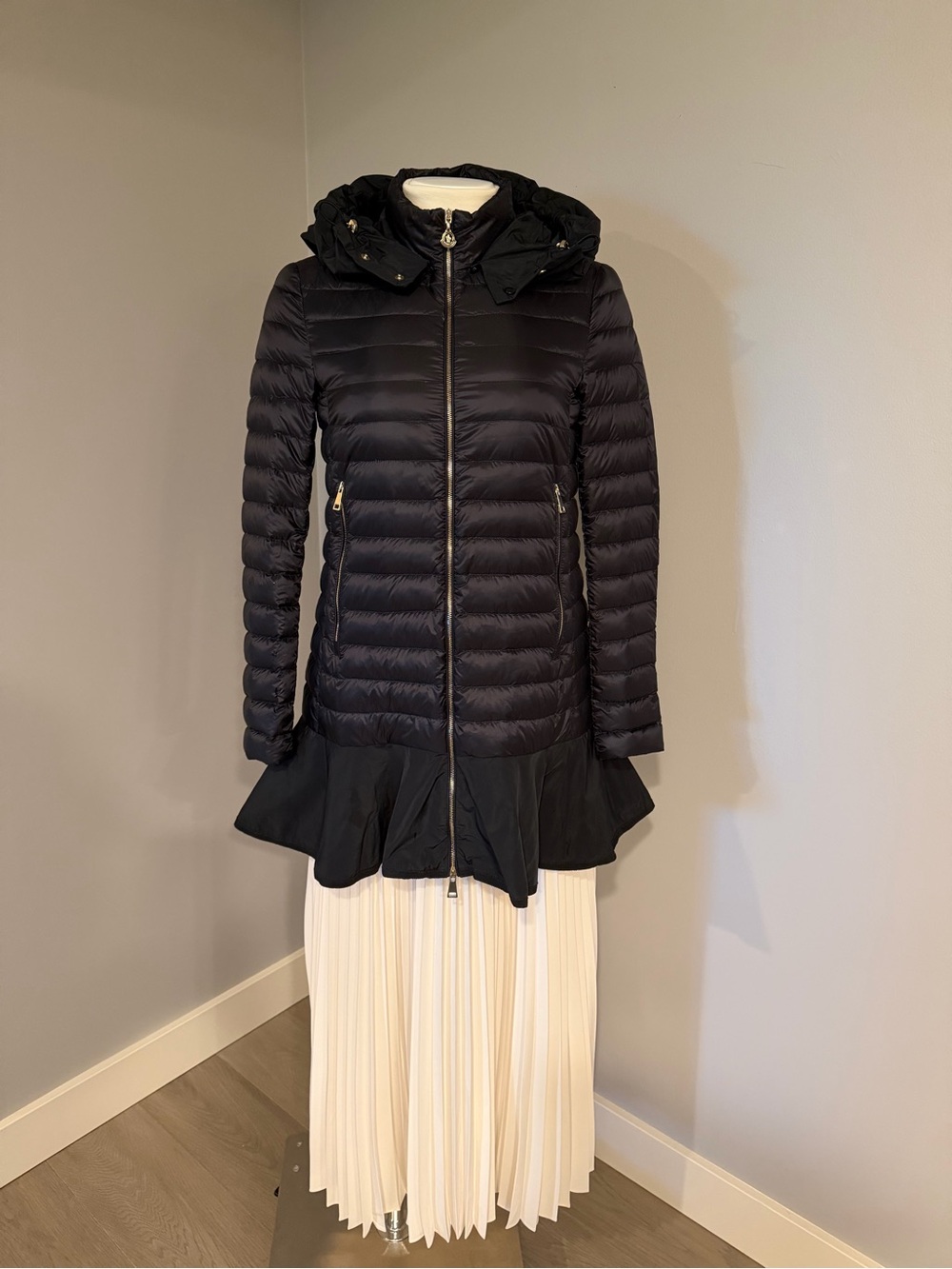 Moncler Black Quilted Hooded Puffer Coat with Flared Hem Detail